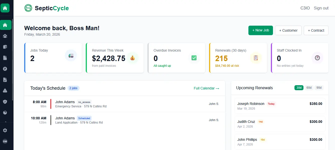 SepticCycle dashboard showing jobs, revenue, renewals, and today's schedule